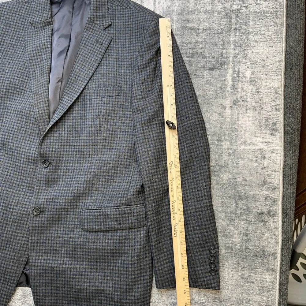 Jos A Bank Blazer Jacket MEns 44L Blue Gray Plaid Wool Sport Coat Academia Ivy